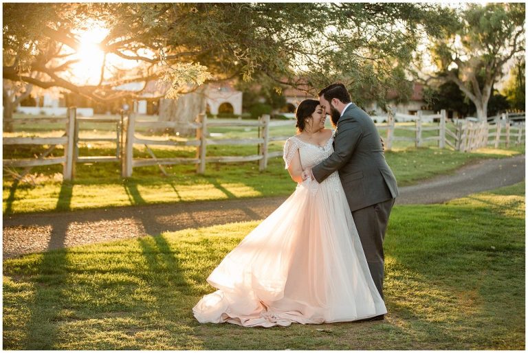 Bride and groom at Tubac Resort at sunset.