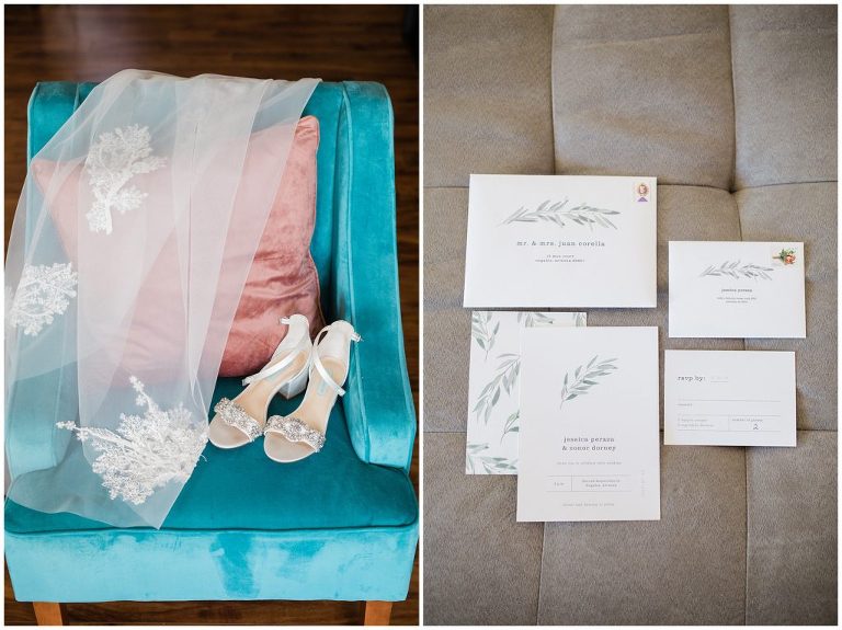 Tubac resort, embroidered veil with bride's shoes displayed on teal velvet chair. Wedding invitations.