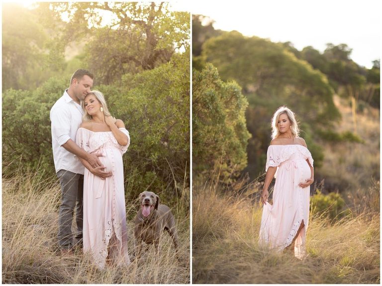 Maternity session with dad and pups in boho pink dress on the mountain side in Sierra Vista Arizona