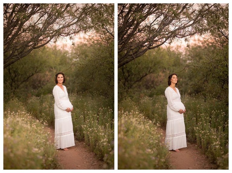 Boho-inspired outdoor maternity pictures in wildflower meadow at sunset in Sierra Vista, Arizona by Hannah Whaley Photography. 