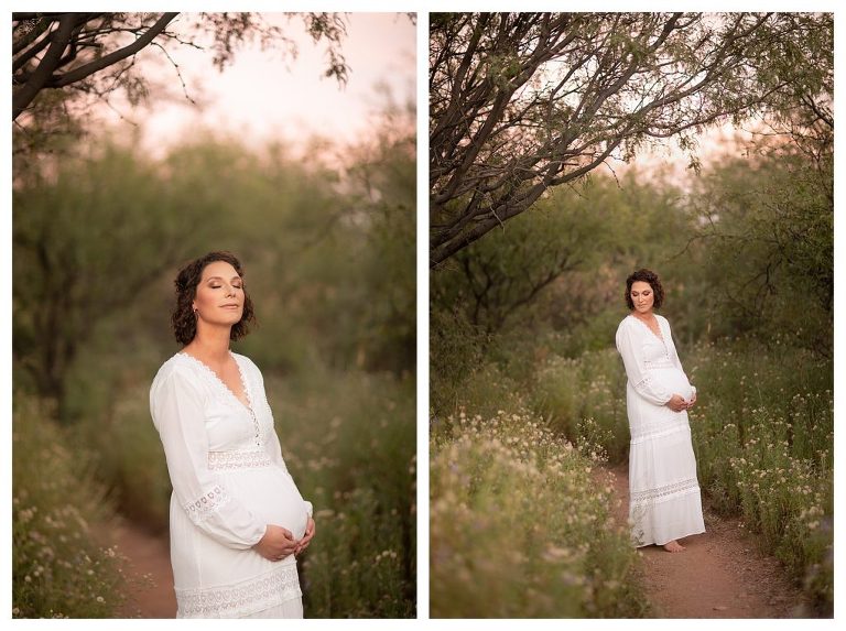 Boho-inspired outdoor maternity pictures in wildflower meadow at sunset in Sierra Vista, Arizona by Hannah Whaley Photography. 