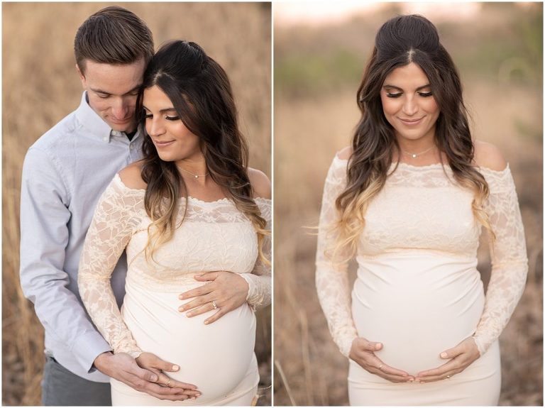 Maternity session with new mom and dad in Sierra Vista with mountain views. Mom in cream lace dress.