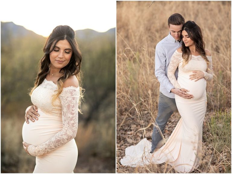 Maternity session with new mom and dad in Sierra Vista with mountain views. Mom in cream lace dress.