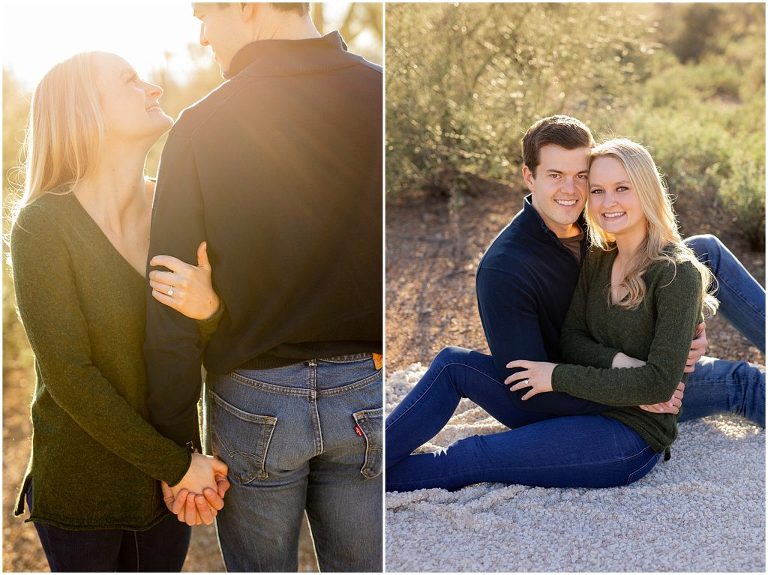 A collection of perfectly timed sunset engagement  photos with a whimsical vibe set against the backdrop of desert cacti in Saguaro National Park in Tucson Arizona.