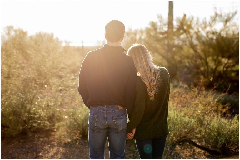 A collection of perfectly timed sunset engagement  photos with a whimsical vibe set against the backdrop of desert cacti in Saguaro National Park in Tucson Arizona.