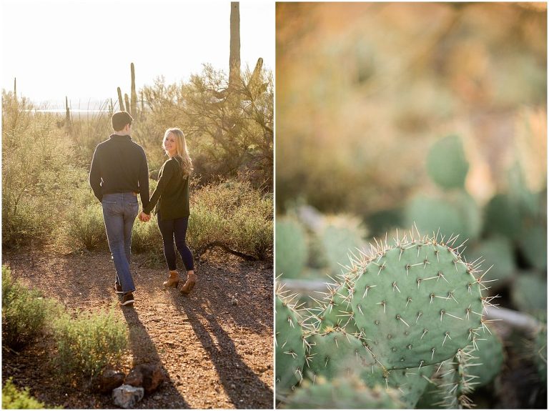 A collection of perfectly timed sunset engagement  photos with a whimsical vibe set against the backdrop of desert cacti in Saguaro National Park in Tucson Arizona.