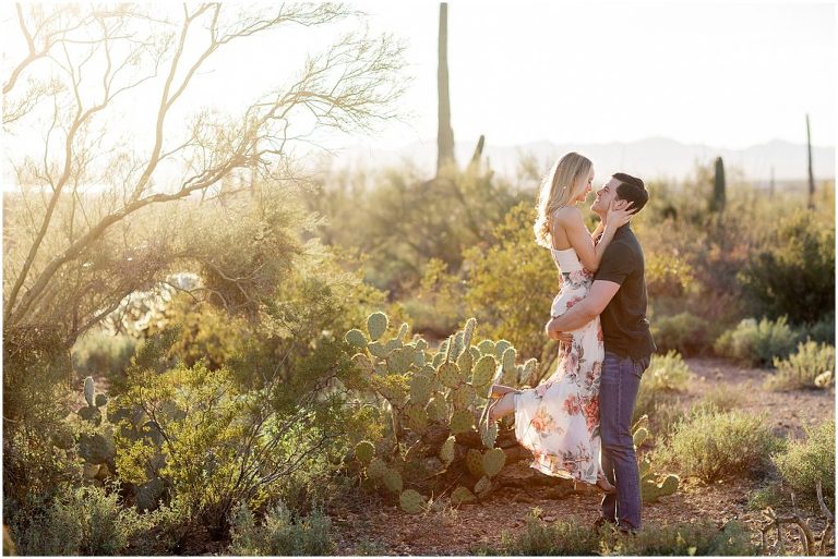 A collection of perfectly timed sunset engagement  photos with a whimsical vibe set against the backdrop of desert cacti in Saguaro National Park in Tucson Arizona.