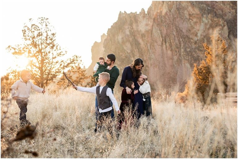 A collection of family photos photos with a chic vibe that blends perfectly with the scenic vistas of Smith Rock in Central Oregon.